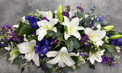Purple and White Casket Spray