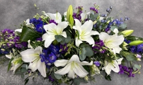 Purple and White Casket Spray